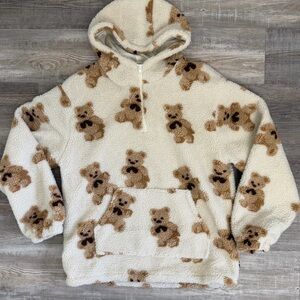 Aelfric Eden Teddy Bear Print Sherpa Half Zip Pullover Y2K Retro-size Med *NEW*